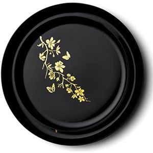 Decor Decorline Premium herbruikbaar kunststof feestservies, set van 20 borden, herbruikbaar bord, zwart met gouden bloemen, set van 2 maten, 10 x 26 cm + 10 x 21 cm, 10 stuks, zwart/goud