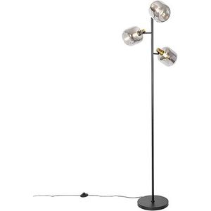 QAZQA - Modern Vloerlamp zwart met goud met smoke glas 3-lichts - Zuzanna | Woonkamer | Slaapkamer | Keuken - Glas Langwerpig - E14 Geschikt voor LED - Max. 3 x 25 Watt