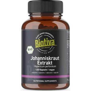 Biotiva Johannesbrood extract Bio 120 capsules - Hypericum perforatum - geen scheidingsmiddel - geen vulstoffen - gecontroleerde biologische teelt (DE-Öko-005)