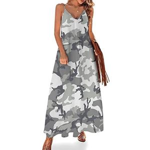 Grijze Camouflage Maxi-jurk voor dames, V-hals, mouwloze spaghettibandjes, lange jurk