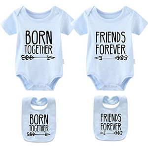 culbutomind Baby tweelingen rompertje samen geboren vrienden voor altijd pasgeborenen body's jongens meisjes cadeau korte mouwen tweelingen kleding met slabbetje, blauw, 6-9 Maanden