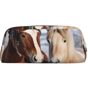 Etui Twee Paarden Staande in De Sneeuw Lederen Potlood Pouch Draagbare Briefpapier Organizer Potlood Houder Make-up Tas met Ritssluiting, Zilver, Eén maat, Make-Up Pouch