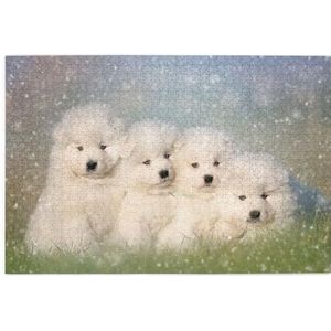Puzzels, Legpuzzels Volwassenen Uitdagende Puzzel 1000 stuks Foto puzzel houten, Samojeed Puppies Witte Honden Familie Kleine Samojeed
