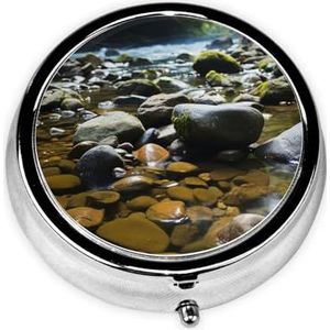 Pillendoosje Ronde Pillendoos met 3 Compartimenten Pil Organiseer Stream Stones Pillendoos Kleine Pillenorganizer Waterdichte Kleine Pillenetui voor Reizen Pillencontainers voor Medicatie Planner