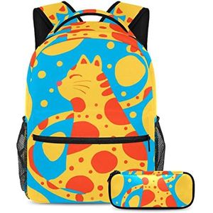 Gele en oranje kat rugzak met etui, 2 stuks Kid Schooltas Set voor jongens meisjes tieners, reizen boek tas voor studenten, Meerkleurig, B：29.4x20x40cm P：19x7.5x3.8cm, Rugzakken