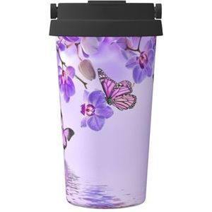 Geïsoleerde koffiemok met paarse vlinderprint, 500 ml, reisbeker, voor reizen, kantoor, auto, feest, camping