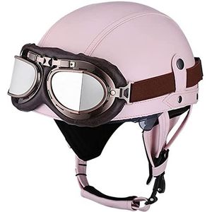 Motorhelm, Heren Dames Skull Cap Bromfiets Street Jet Scooter Open Helm met Pilotenbril, ECE-certificaat E,S=54-56CM(E,L=5961CM)