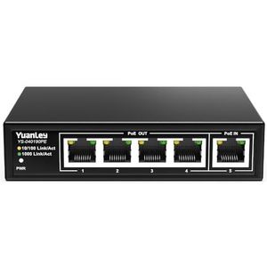 YuanLey - 5-Poorts Gigabit PoE Extender - 90W - Metalen Behuizing - 1000 Mbps - 6 KV Bliksembeveiliging