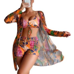 3-delige badpakken voor vrouwen outfits bloemen tropische bikini & korte sets zomer strand sexy cover-ups feest, Oranje, M