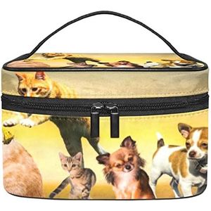 Dierlijke familie kat hond vlinder make-up organizer tas, reizen make-up tas organizer case draagbare cosmetische tas voor vrouwen en meisjes toiletartikelen, Meerkleurig, 22.5x15x13.8cm/8.9x5.9x5.4in
