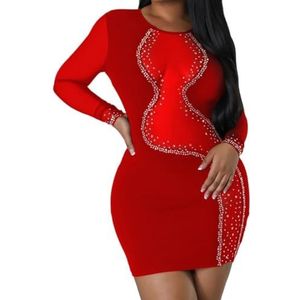 Dames Sexy Nachtclub Feest Korte Jurk Ronde Hals Lange Mouw Doorzichtige Mesh Patchwork Bodycon Mini Cocktailjurk (Color : Red, Size : XL)