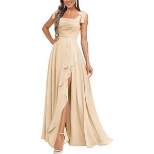 KURFACE Chiffon bruidsmeisjesjurken voor dames met split ruches lange bruidsmeisje vloerlengte formele feestjurk, Champagne, 34