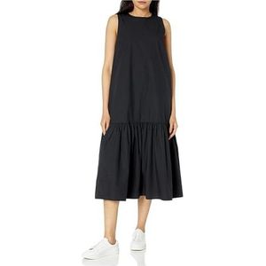 Zomerjurken voor dames, ronde hals, mouwloos, casual jurk, zonnejurk voor dames met zakken, Zwart, XL