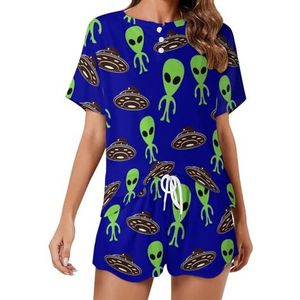 Groene UFO Aliens Zachte Dames Pyjama Korte Mouw Pyjama Loungewear met Zakken Gift voor Thuis Strand L