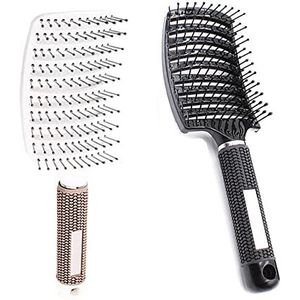 Yufana 2 Delige Gebogen Vent Brush en Hair Detangler Boar Bristle Haarborstel - Geventileerde Voor Alle Haartypen (Zwart+Wit)