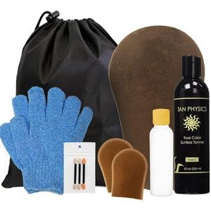 Tan Physics Sans-Sun True Color Tanner 8 oz W/Free Face and Body Tanning Mitts, Exfoliation Gloves and Empty Travel Bottle