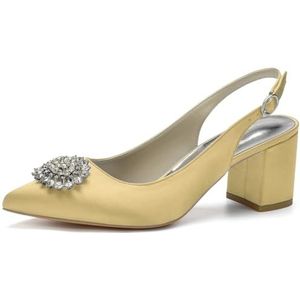 Slingback Hakken Voor Vrouwen Blokhak Puntige Gesloten Teen Dikke Hak Slip Op Trouwjurk Schoenen,Goud,35 EU