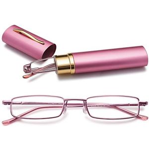 VEVESMUNDO® leesbril metaal klassiek scharnier smal stijl bril leeshulp ooglook bril volledige randbril met etui (+2.0, 1 Stuk Roze)