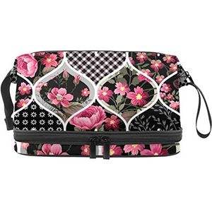 Dubbellaags Cosmetische Tas Harten Rozen Draagbare Make-up Tas Reizen Organizer Pouch Voor Vrouwen Meisjes Toiletries Tassen, Meerkleurig, 27x15x14 cm/10.6x5.9x5.5 in, Make-up zakje