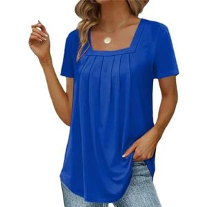 HHuiXinXue Dames zomer T-shirt rechthoekige hals tuniek tops geplooide casual korte mouwen T-shirts, Blauw, 3XL
