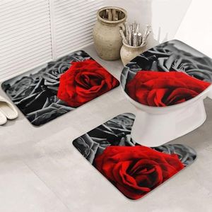 OPSREY Zwart wit en rode rozen bedrukt zachte antislip badkamermat badkamer tapijt set van 3 - Silhouetmat + toilethoes + badmat