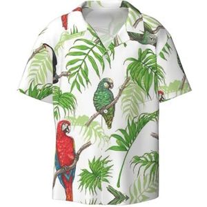 TyEdee Papegaai, vogels en tropische boomprint, herenoverhemden met korte mouwen en zak, casual overhemd met knopen, zakelijk overhemd, Zwart, L