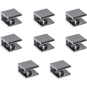 Glasklem, 8-delige set, plankhouders, plankdrager, glazen plankdrager, gepolijst chroom vierkante vorm, verstelbaar voor plaatdikte 6-10 mm, glas- en houten vloeren, wandmontage
