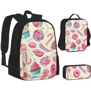 SUHNGE Luipaardprint Print Rugzak School Boekentassen Set Lunch Tas Etui School Rugzakken Meisjes Jongens, Zoete Lolly Cupcake, Eén maat