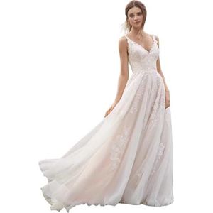 Beyonddress Elegante bruidsjurk voor dames, met kant, lange glitters, V-hals, zonder mouwen, Ivoor 08, 36