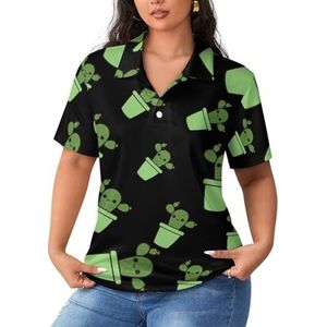 Leuke cactus in groene pot dames poloshirts met korte mouwen casual T-shirts met kraag golfshirts sport blouses tops S