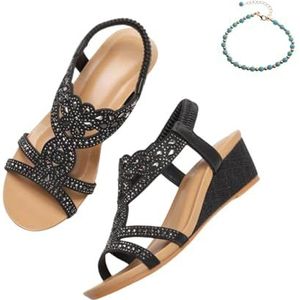 Xytraiihw Dames Strass Sandalen, Mode Wedge Heel Zomer Sandalen Retro Boho Elastische Band Strand Schoenen Slingback Peep Toe Romeinse Schoenen Flip Flops,zwart,36 EU
