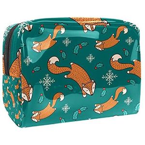 Make-up tas PVC toilettas met ritssluiting waterdichte cosmetische tas met oranje vossen patroon sneeuwvlokken voor vrouwen en meisjes