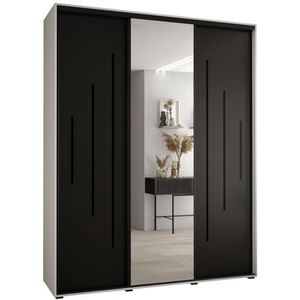 MEBLE KRYSPOL Davos 13 190 Kledingkast met drie schuifdeuren voor slaapkamer - Moderne Kledingkast met spiegel, kledingroede en planken - 235,2x190x45 cm - Wit Zwart Zwart