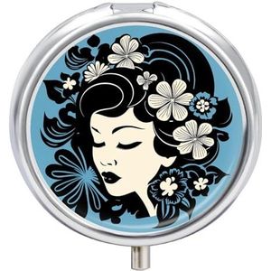 Head and Flower Ronde pillendoos voor reizen, draagbaar, 23 vakken, medicijnen, metaal, tablet, vitaminehouder, organizer voor portemonnee, tas