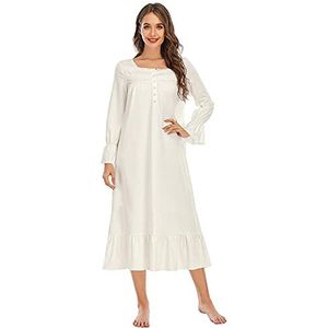 Suelinvy Vrouwen lange mouw knoop borduursels Victoriaanse nachthemden ruche schattige slaap jurk nachthemd pyjama jurk S-XXL, Kleur: wit., M
