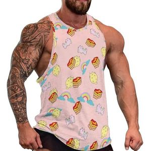 Leuke kat met taart en regenboog heren tanktop grafische mouwloze bodybuilding T-shirts casual strand T-shirt grappige sportschool spier