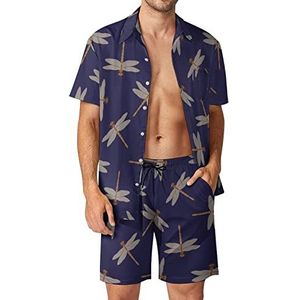 Beige Libelle op een donkere Hawaiiaanse bijpassende set voor heren, 2-delige outfits, overhemden en shorts met knopen voor strandvakantie