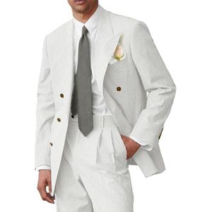RAJEGAR 2-delige herenpakken lichtgewicht zomer casual blazer jas broek set slanke smoking voor business, feest, bruiloft, bal, Wit, XXS