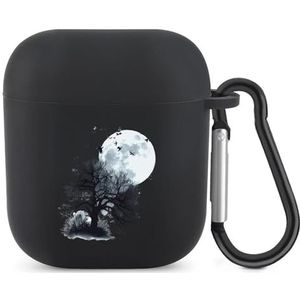 Volle Maan Flock Of Birds Tree Leuke Case voor AirPods 2&1 Schokbestendige Beschermende Hoofdtelefoon Gevallen Cover Met Sleutelhanger Voor Mannen Vrouwen