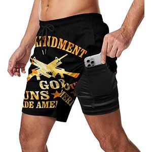 Flaming 2nd Amendement God Guns Guts Made America Free Heren Zwembroek Sneldrogend 2 in 1 Beach Sport Shorts met Compressie Liner En Pocket