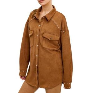 CakfLjkhl Nep suède overhemd voor dames met ritssluiting en knopen, lange mouwen, herfstmode overhemdjas,Bruin,L