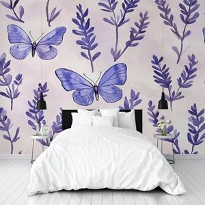 Dppyuxa Aquarel Vlinder Muurschildering Fotobehang Lavendel Bloemen Muurschilderingen voor Woonkamer Slaapkamers 400x280 cm Muurschildering Behang Achtergrond Muur Interieur Decor 3D-Effect