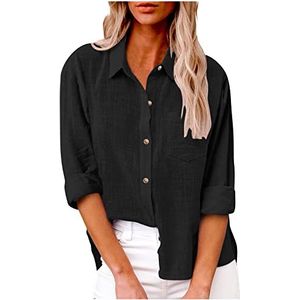 Shirts voor vrouwen plus size lange mouw button down oversized blouses met voorzak effen zomer kraag tops verkoop, mode dames tops UK, Zwart, L