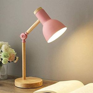 Scandinavische moderne creatieve tafellamp slaapkamer bedlampje kinderen kantoor oogbescherming leeslamp verstelbare bureaulamp E27 hout metaal nachtlampje (roze)