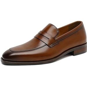 Heren loafers schoen vierkante neus lederen penny loafer platte hak antislip comfortabel wandelen bruiloft instapper (Color : Brown, Size : 42 EU)