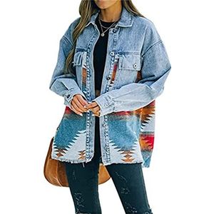 Sawmew Denim jack met borduurwerk voor dames, modieuze streetwear jeans uitloper, casual all-match lange mouw tops jas in etnische stijl, herfst cowboy tops jas voor dames (Color : Blue, Size : XL)