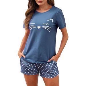 Reliwel Katoenen pyjama voor vrouwen, set, korte mouwen, top met ronde hals en shorts met zak, S