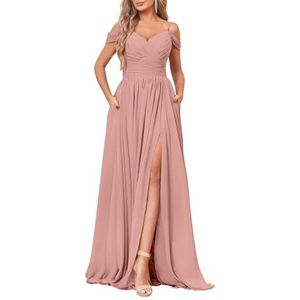 KURFACE Dames V-hals chiffon bruidsmeisjes jurken geplooide zakken formele jurk spaghettiband avondjurk, Stoffige Roos, 32