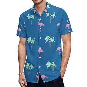 Flamingo Palmboom Heren Hawaiiaanse shirts Korte Mouw Casual Shirt Button Down Vakantie Strand Shirts M