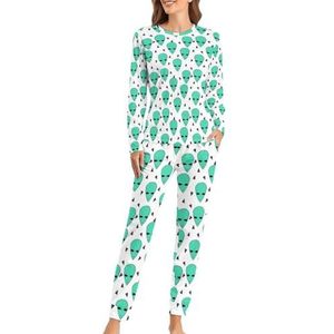 Groene Alien Head Zachte Dames Pyjama Lange Mouw Warm Fit Pyjama Loungewear Sets met Zakken 2XL